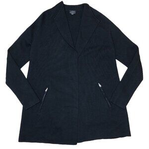 Talbots 100% Black Merino Wool Open Front Cardigan Jacket Sz S Zipper Pockets